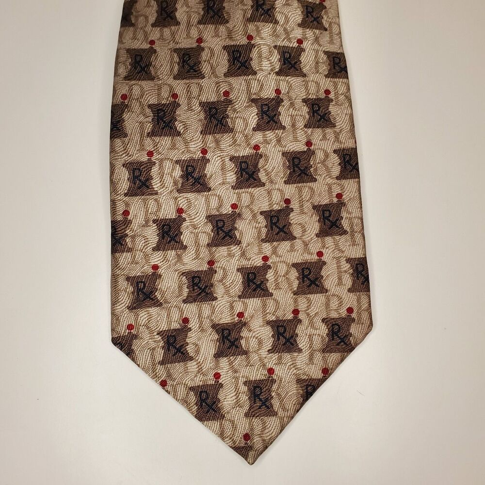 Ralph Marlin Lisa Davies Taupe & Red Silk Pharmacist Theme Tie Vintage 2000